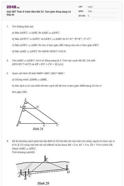 Giải SBT Toán 8 Cánh diều Bài 32. Tam giác đồng dạng có đáp án