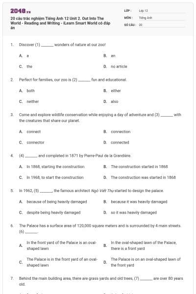 20 câu trắc nghiệm Tiếng Anh 12 Unit 2. Out Into The World - Reading and Writing - iLearn Smart World có đáp án