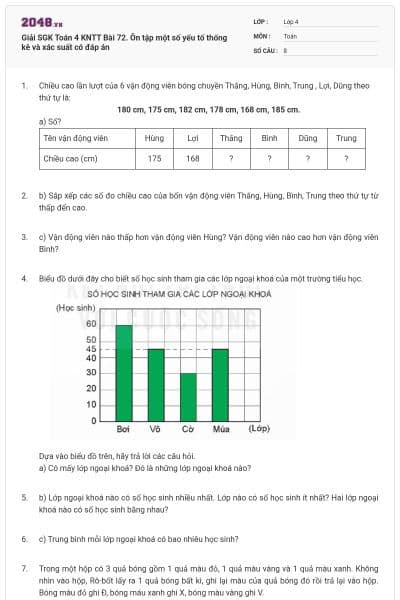 Giải SGK Toán 4 KNTT Bài 72. Ôn tập một số yếu tố thống kê và xác suất có đáp án
