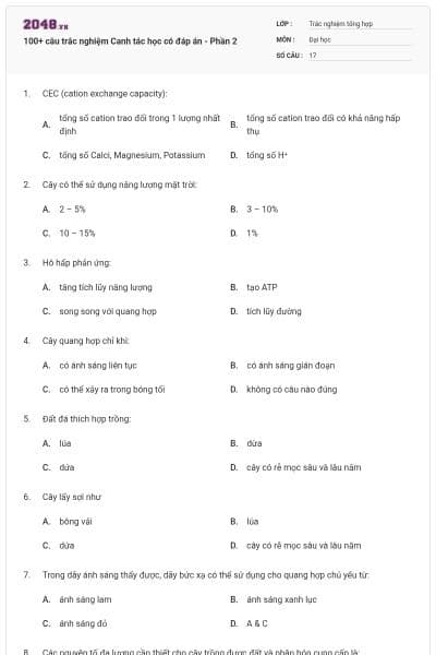 100+ câu trắc nghiệm Canh tác học có đáp án - Phần 2