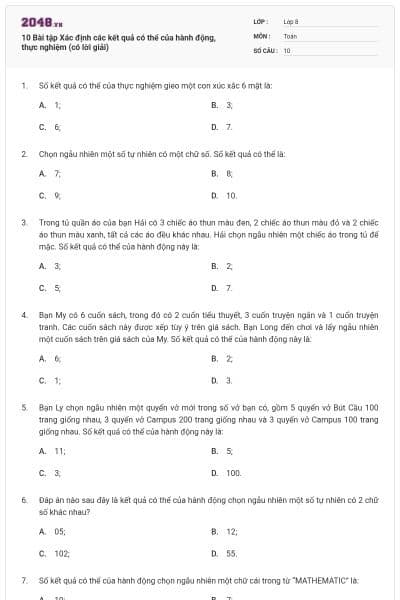 10 Bài tập Xác định các kết quả có thể của hành động, thực nghiệm (có lời giải)