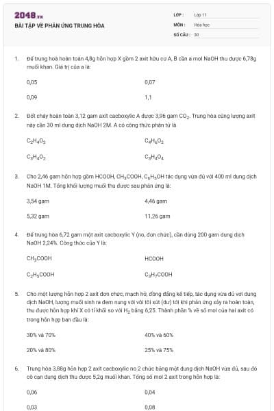 BÀI TẬP VỀ PHẢN ỨNG TRUNG HÒA