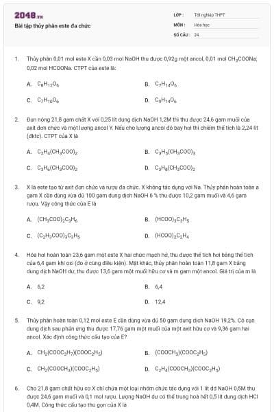 Bài tập thủy phân este đa chức