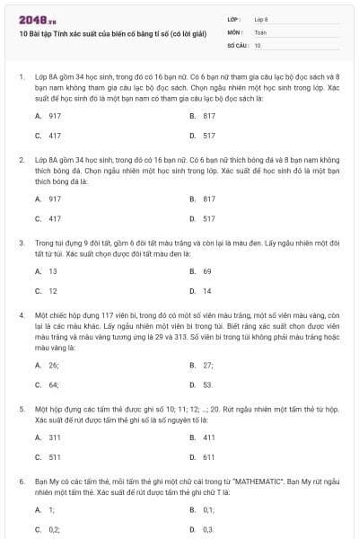 10 Bài tập Tính xác suất của biến cố bằng tỉ số (có lời giải)