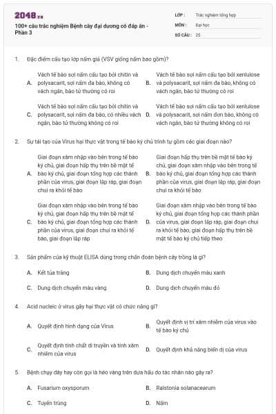100+ câu trắc nghiệm Bệnh cây đại dương có đáp án - Phần 3