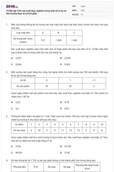 10 Bài tập Tính xác suất thực nghiệm trong một số ví dụ có tình huống thực tế (có lời giải)