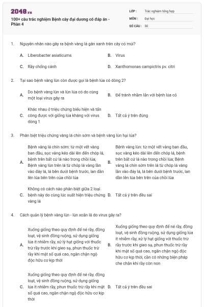 100+ câu trắc nghiệm Bệnh cây đại dương có đáp án - Phần 4