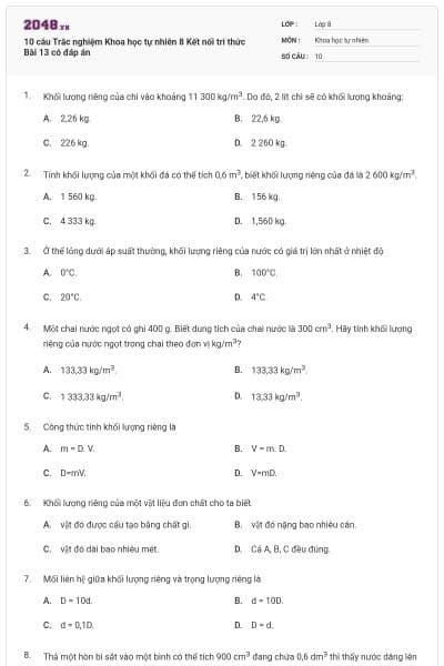 10 câu Trắc nghiệm Khoa học tự nhiên 8 Kết nối tri thức Bài 13 có đáp án