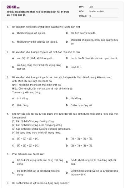 10 câu Trắc nghiệm Khoa học tự nhiên 8 Kết nối tri thức Bài 14 có đáp án
