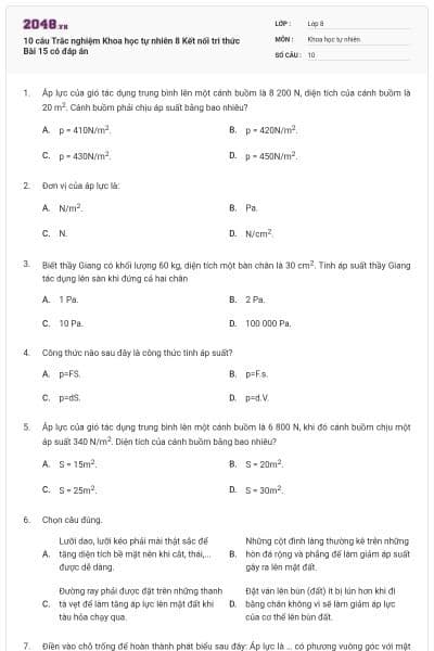 10 câu Trắc nghiệm Khoa học tự nhiên 8 Kết nối tri thức Bài 15 có đáp án