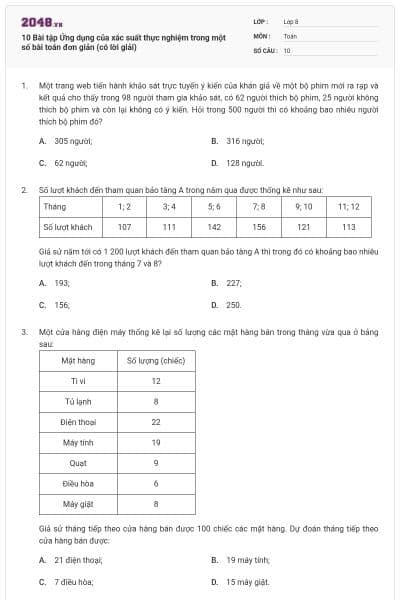 10 Bài tập Ứng dụng của xác suất thực nghiệm trong một số bài toán đơn giản (có lời giải)