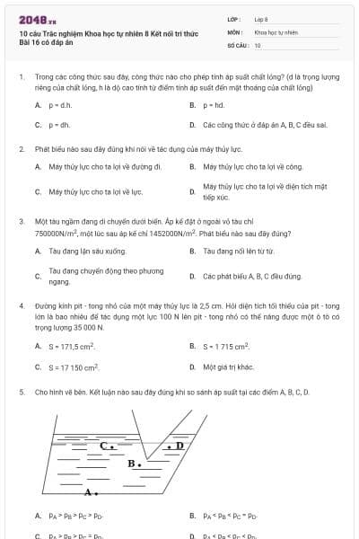 10 câu Trắc nghiệm Khoa học tự nhiên 8 Kết nối tri thức Bài 16 có đáp án