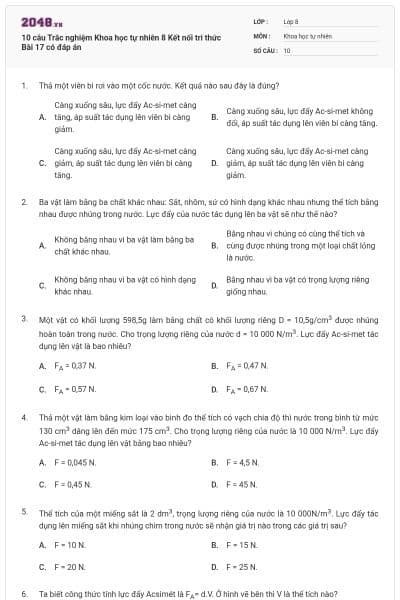 10 câu Trắc nghiệm Khoa học tự nhiên 8 Kết nối tri thức Bài 17 có đáp án