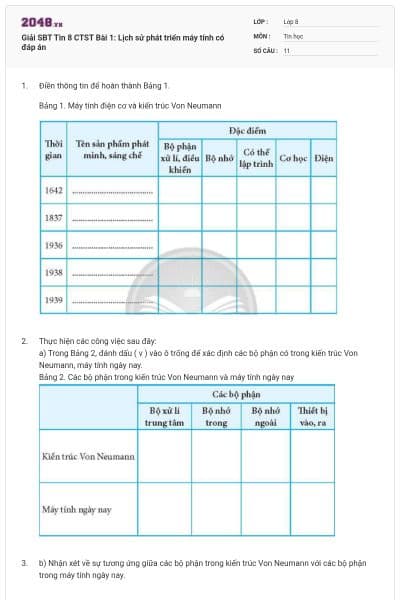 Giải SBT Tin 8 CTST Bài 1: Lịch sử phát triển máy tính có đáp án