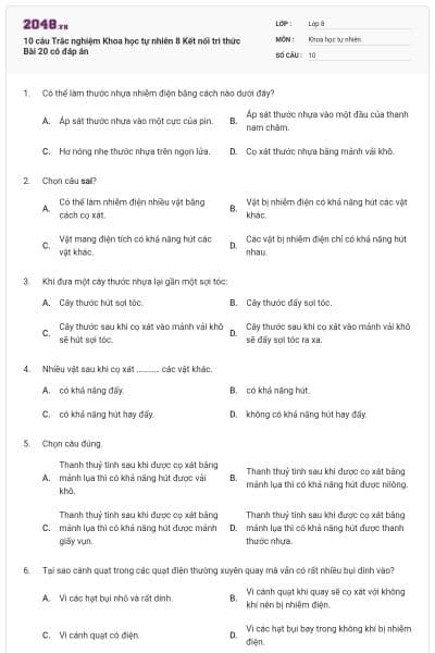 10 câu Trắc nghiệm Khoa học tự nhiên 8 Kết nối tri thức Bài 20 có đáp án