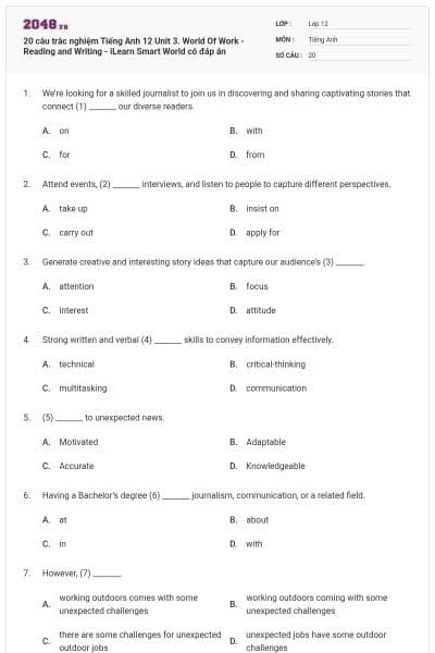 20 câu trắc nghiệm Tiếng Anh 12 Unit 3. World Of Work - Reading and Writing - iLearn Smart World có đáp án