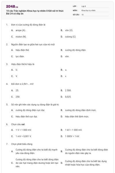 10 câu Trắc nghiệm Khoa học tự nhiên 8 Kết nối tri thức Bài 24 có đáp án