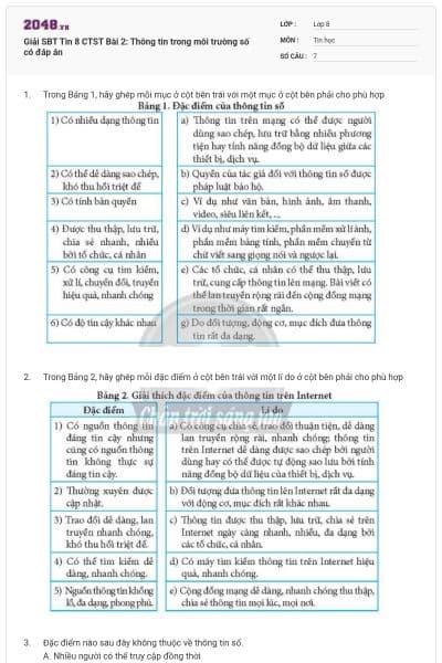 Giải SBT Tin 8 CTST Bài 2: Thông tin trong môi trường số có đáp án
