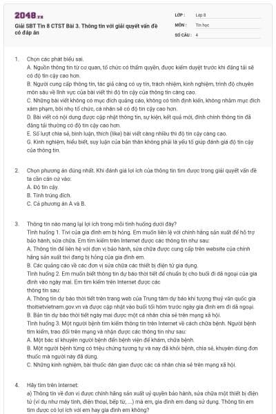 Giải SBT Tin 8 CTST Bài 3. Thông tin với giải quyết vấn đề có đáp án