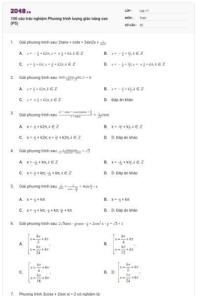 100 câu trắc nghiệm Phương trình lượng giác nâng cao (P5)
