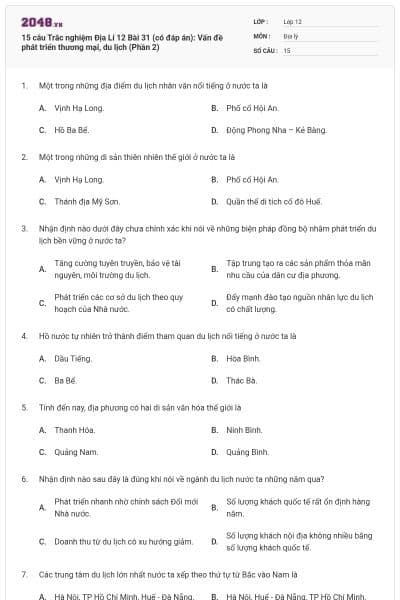 15 câu Trắc nghiệm Địa Lí 12 Bài 31 (có đáp án): Vấn đề phát triển thương mại, du lịch (Phần 2)