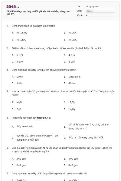 Đề thi Hóa học cực hay có lời giải chi tiết cơ bản, nâng cao (Đề 27)