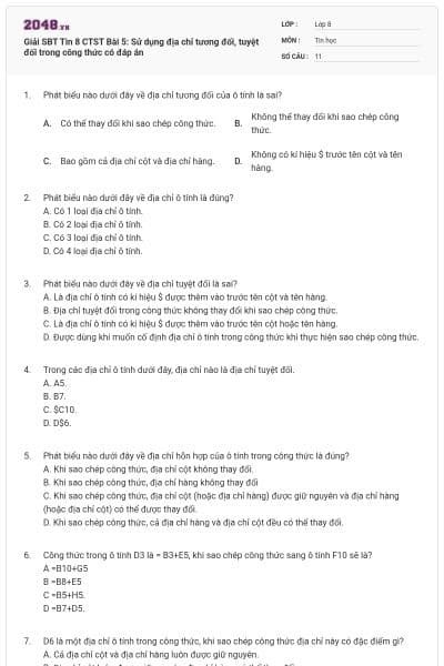 Giải SBT Tin 8 CTST Bài 5: Sử dụng địa chỉ tương đối, tuyệt đối trong công thức có đáp án
