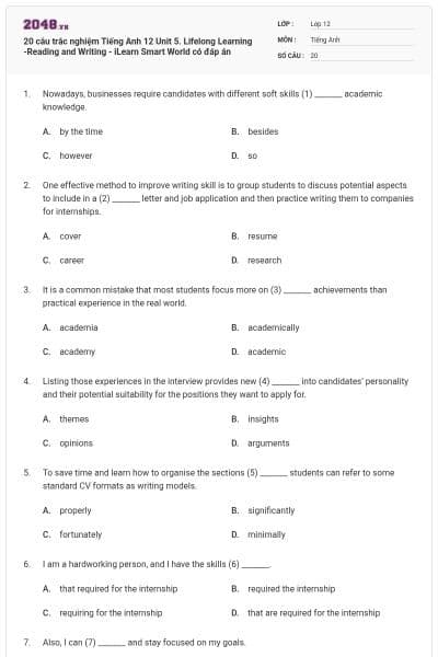 20 câu trắc nghiệm Tiếng Anh 12 Unit 5. Lifelong Learning -Reading and Writing - iLearn Smart World có đáp án