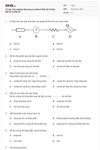 10 câu Trắc nghiệm Khoa học tự nhiên 8 Kết nối tri thức Bài 25 có đáp án