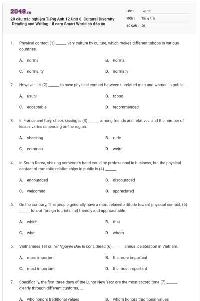 20 câu trắc nghiệm Tiếng Anh 12 Unit 6. Cultural Diversity -Reading and Writing - iLearn Smart World có đáp án