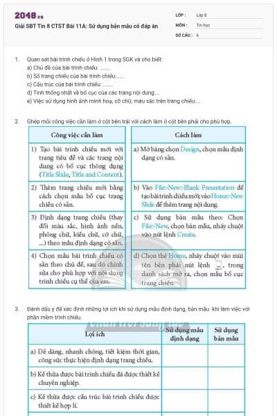 Giải SBT Tin 8 CTST Bài 11A: Sử dụng bản mẫu có đáp án