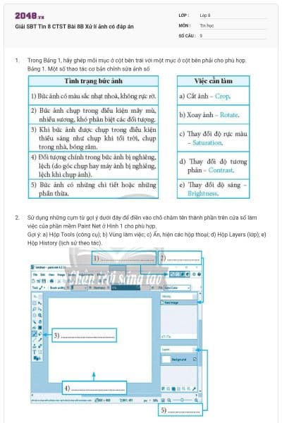 Giải SBT Tin 8 CTST Bài 8B Xử lí ảnh có đáp án