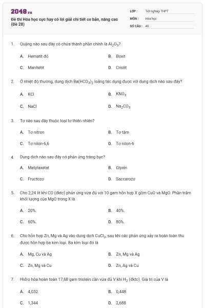 Đề thi Hóa học cực hay có lời giải chi tiết cơ bản, nâng cao (Đề 28)