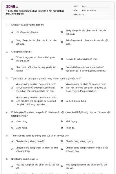 10 câu Trắc nghiệm Khoa học tự nhiên 8 Kết nối tri thức Bài 26 có đáp án