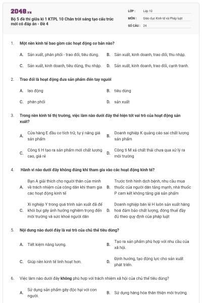 Bộ 5 đề thi giữa kì 1 KTPL 10 Chân trời sáng tạo cấu trúc mới có đáp án - Đề 4