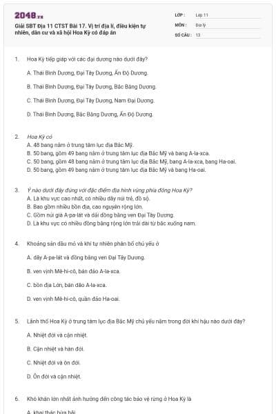 Giải SBT Địa 11 CTST Bài 17. Vị trí địa lí, điều kiện tự nhiên, dân cư và xã hội Hoa Kỳ có đáp án
