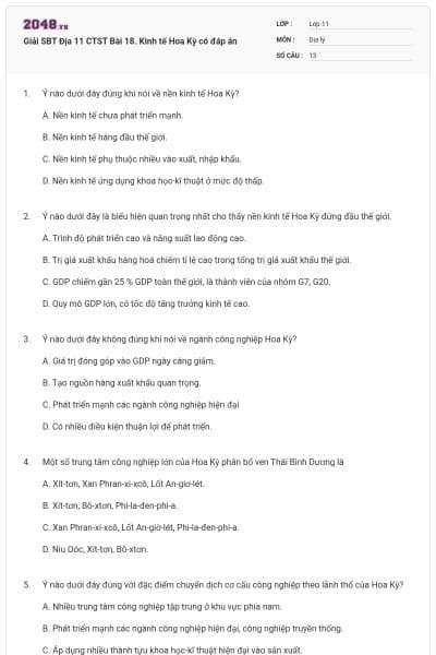 Giải SBT Địa 11 CTST Bài 18. Kinh tế Hoa Kỳ có đáp án