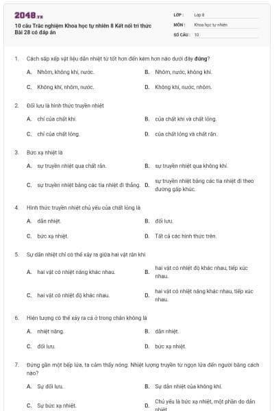 10 câu Trắc nghiệm Khoa học tự nhiên 8 Kết nối tri thức Bài 28 có đáp án