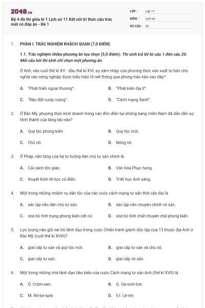 Bộ 4 đề thi giữa kì 1 Lịch sử 11 Kết nối tri thức cấu trúc mới có đáp án - Đề 1