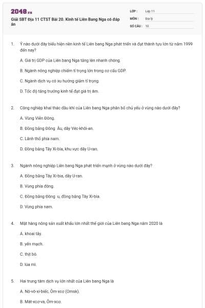 Giải SBT Địa 11 CTST Bài 20. Kinh tế Liên Bang Nga có đáp án