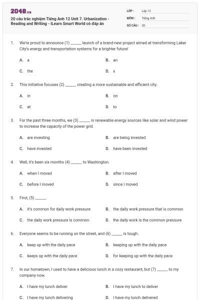 20 câu trắc nghiệm Tiếng Anh 12 Unit 7. Urbanization -Reading and Writing - iLearn Smart World có đáp án