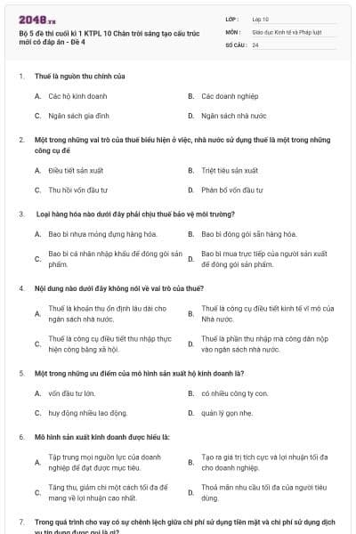 Bộ 5 đề thi cuối kì 1 KTPL 10 Chân trời sáng tạo cấu trúc mới có đáp án - Đề 4