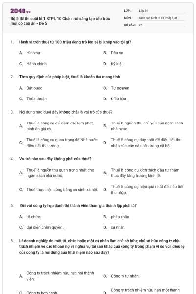 Bộ 5 đề thi cuối kì 1 KTPL 10 Chân trời sáng tạo cấu trúc mới có đáp án - Đề 5