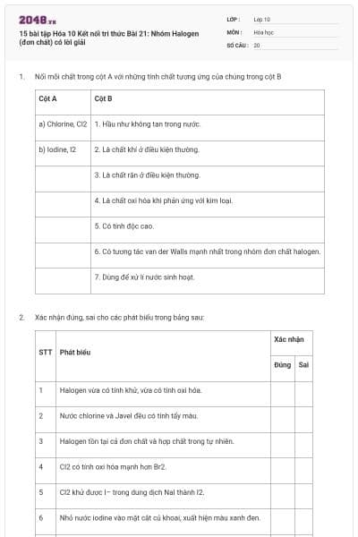 15 bài tập Hóa 10 Kết nối tri thức Bài 21: Nhóm Halogen (đơn chất) có lời giải