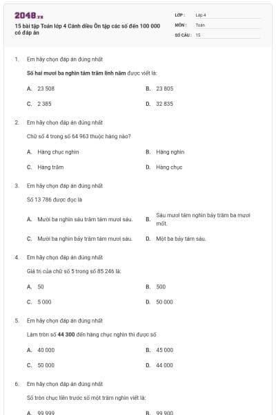 15 bài tập Toán lớp 4 Cánh diều Ôn tập các số đến 100 000 có đáp án