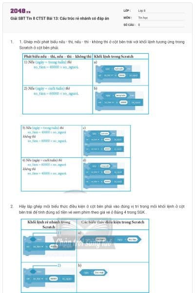 Giải SBT Tin 8 CTST Bài 13: Cấu trúc rẻ nhánh có đáp án