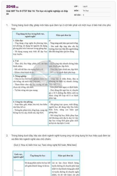 Giải SBT Tin 8 CTST Bài 16: Tin học và nghề nghiệp có đáp án
