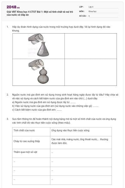 Giải VBT Khoa học 4 CTST Bài 1: Một số tính chất và vai trò của nước có đáp án