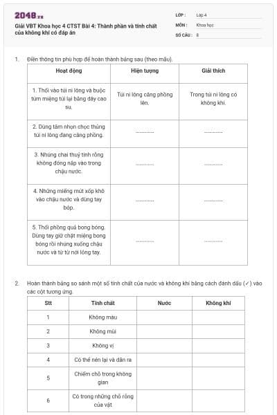 Giải VBT Khoa học 4 CTST Bài 4: Thành phần và tính chất của không khí có đáp án