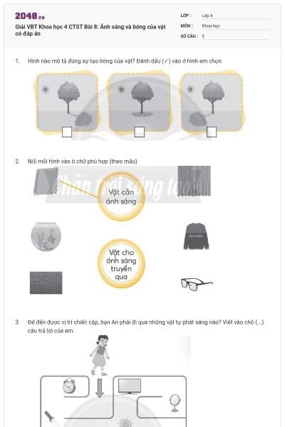 Giải VBT Khoa học 4 CTST Bài 8: Ánh sáng và bóng của vật  có đáp án